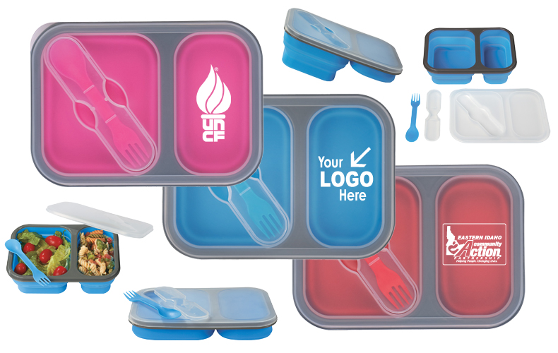 Collapsible 2-Section Food Container With Dual Utensil Collapsible 2-Section Food Container With Dual Utensil